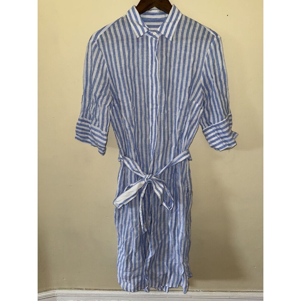 BAGUTTA Linen Striped Shirt Dress Belted Blue White Italian Size 44